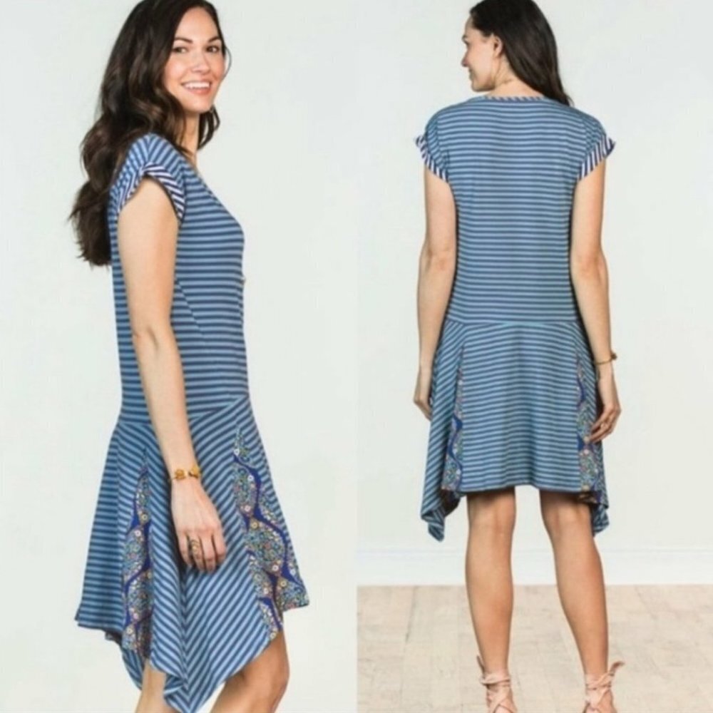 Matilda Jane Walkabout Sidetail‎ Stripe Dress Sz S Blue Floral Boho Handkerchief